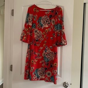 Bright coral floral bell sleeve Jessica Howard dress